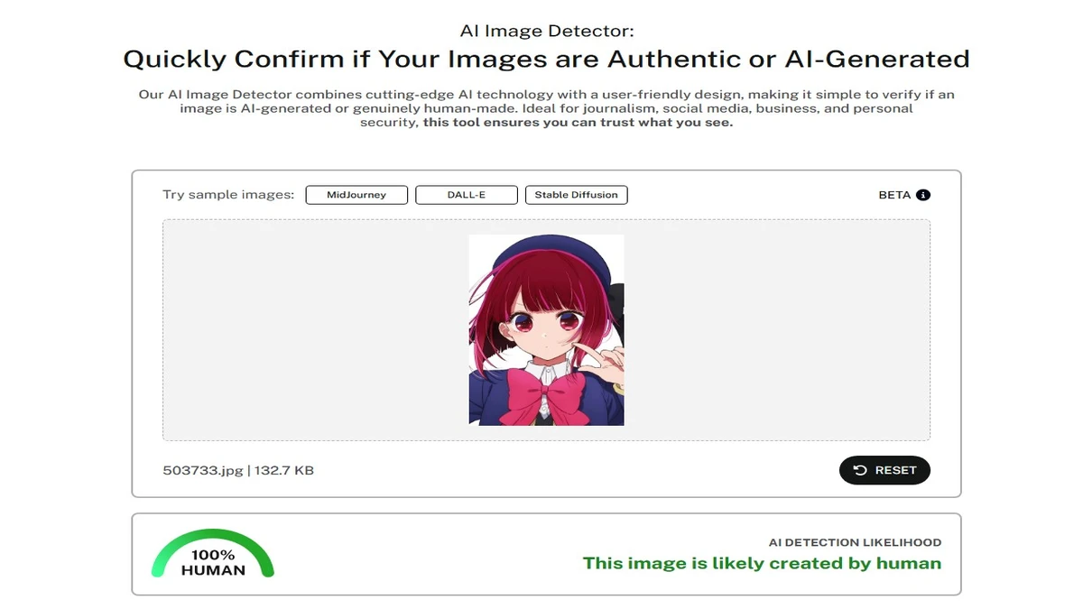 AI image finder example result on undetectable ai