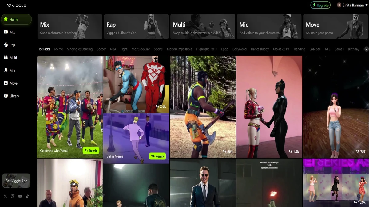 Dashboard of viggle ai website