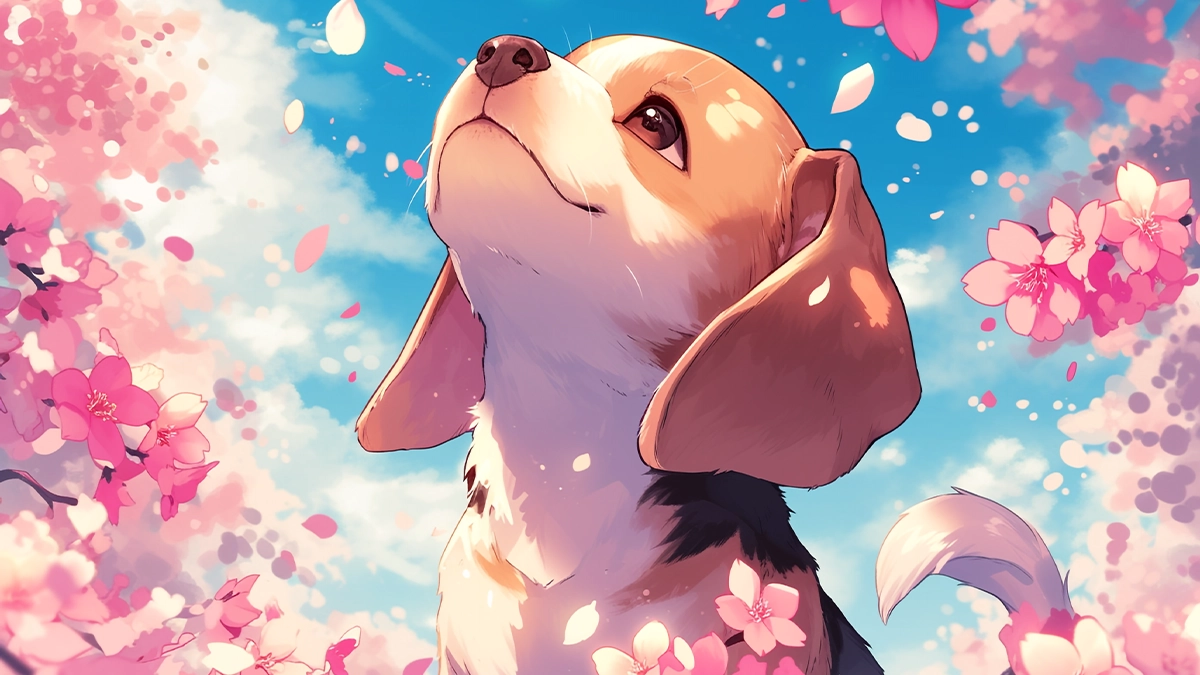 anime wallpaper dog with cherry blossoms