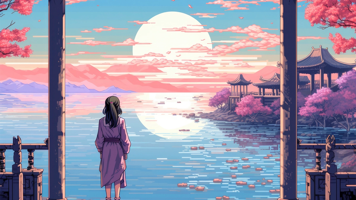 anime wallpaper girl watching sunset lake