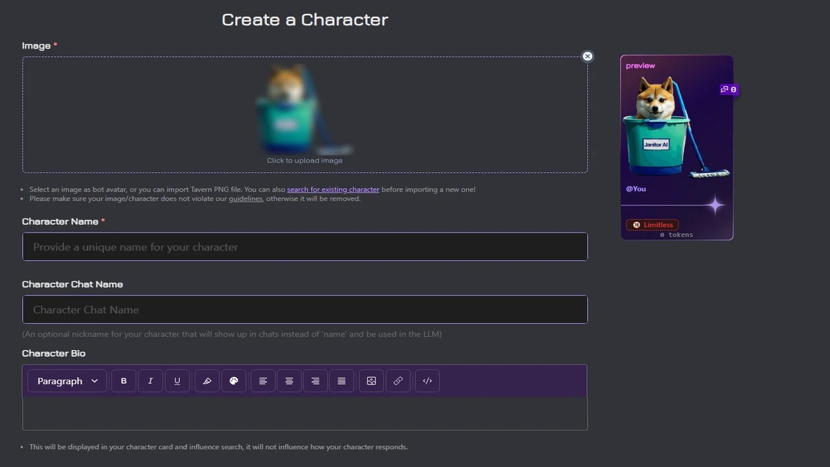 creating a character page of characters on janitor ai