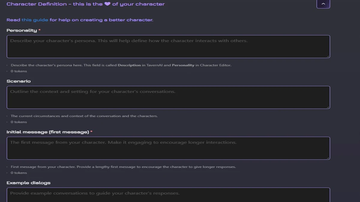 different prompts for creating AI character on janitor ai