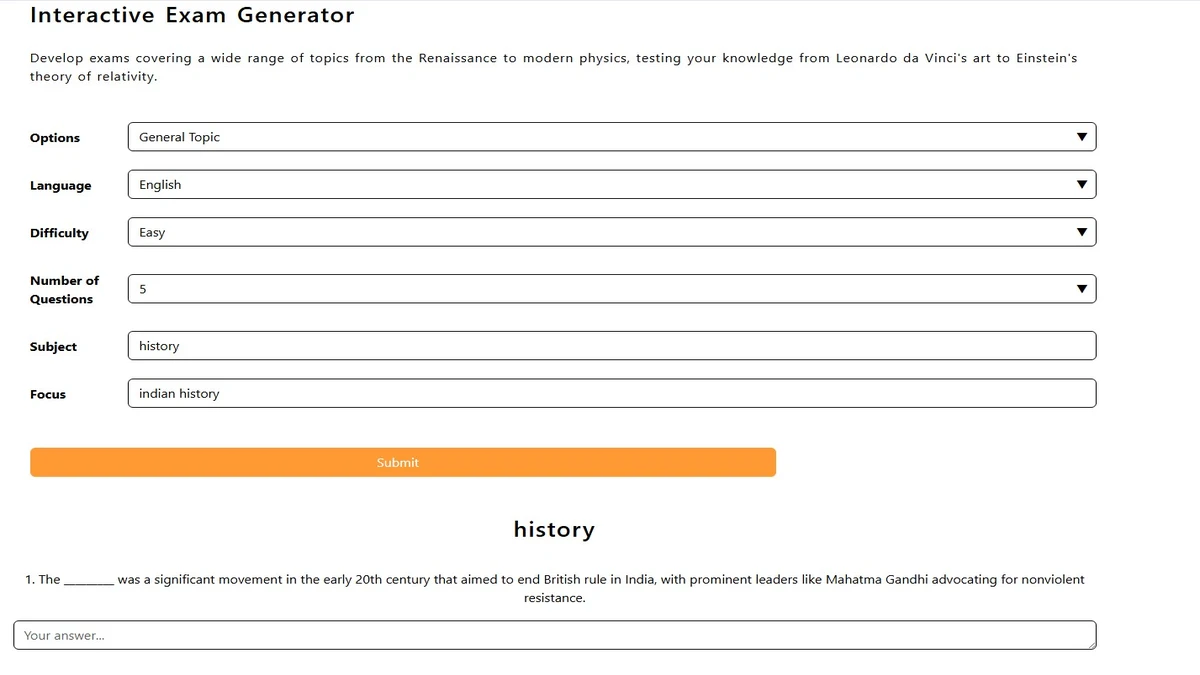 interactive exam generator page on doctrina ai