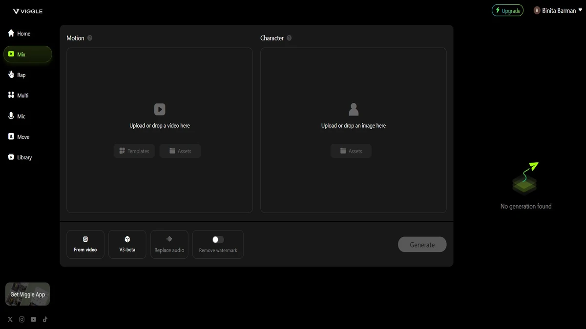 viggle ai interface for media upload