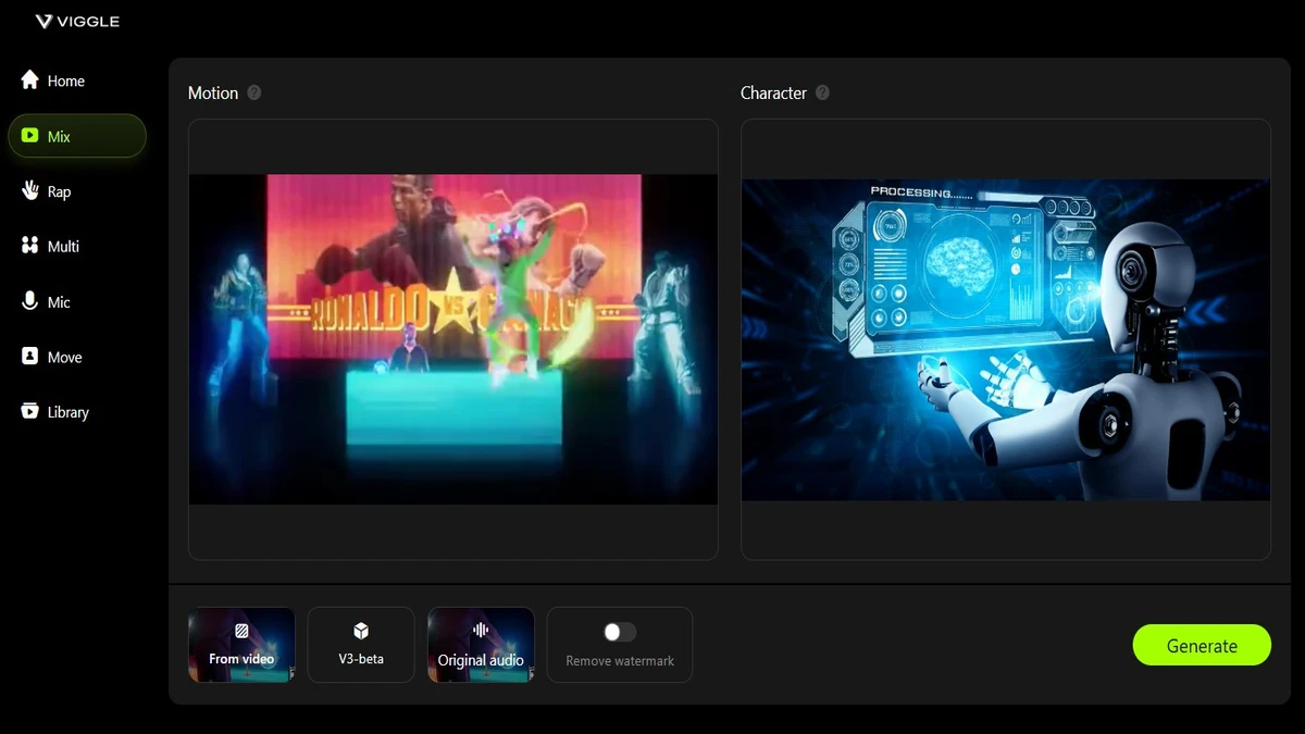 viggle ai interface showing video mix