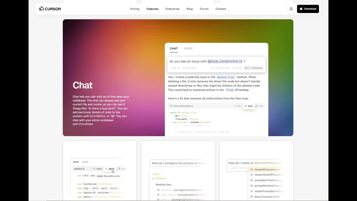 Chat interface of cursor ai website