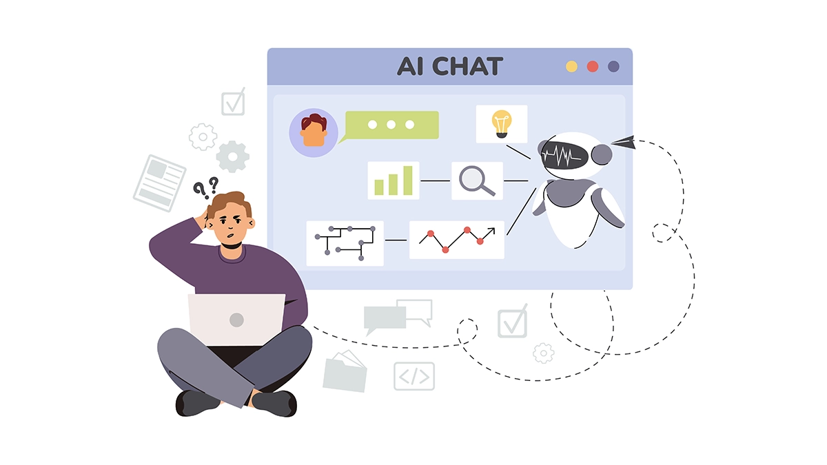 Confused man uses ai answer generator chat