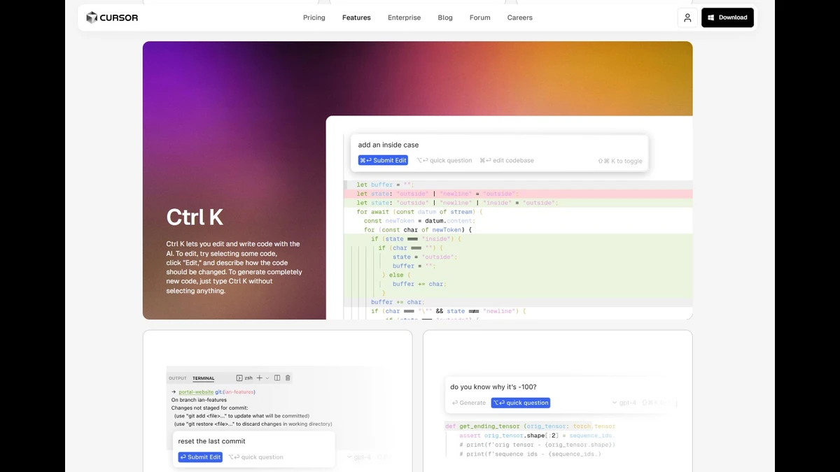 Ctrl K interface of cursor ai website