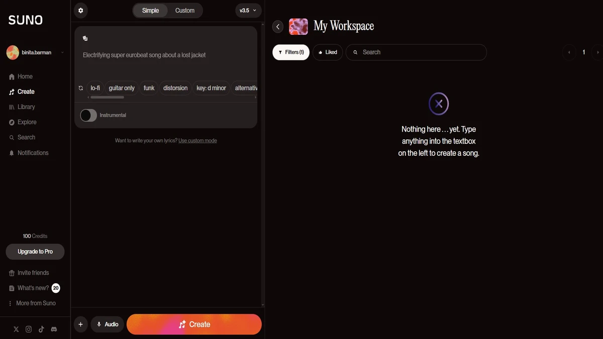 Dashboard of suno ai music