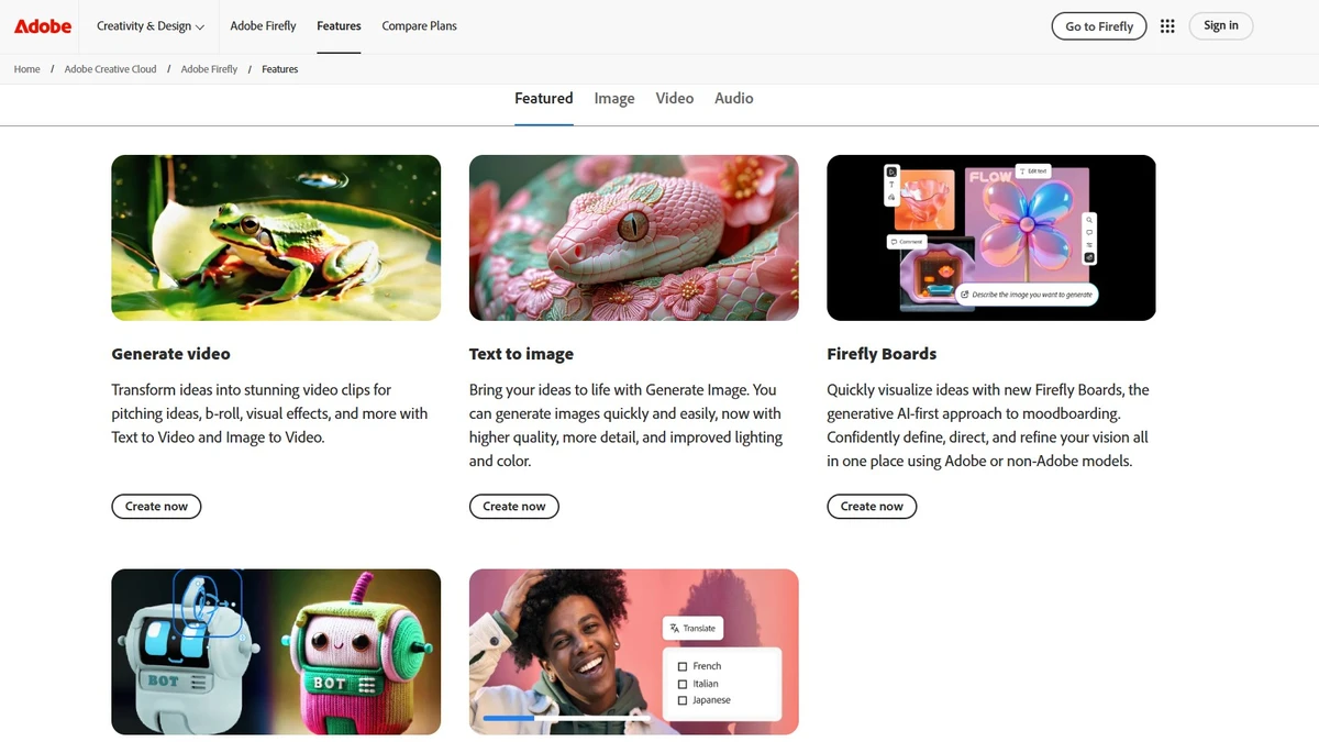Feature page of adobe firefly ai