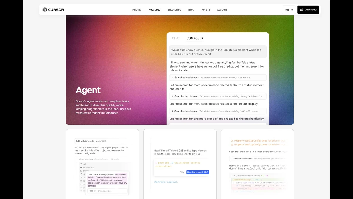 Feature page of  cursor ai website