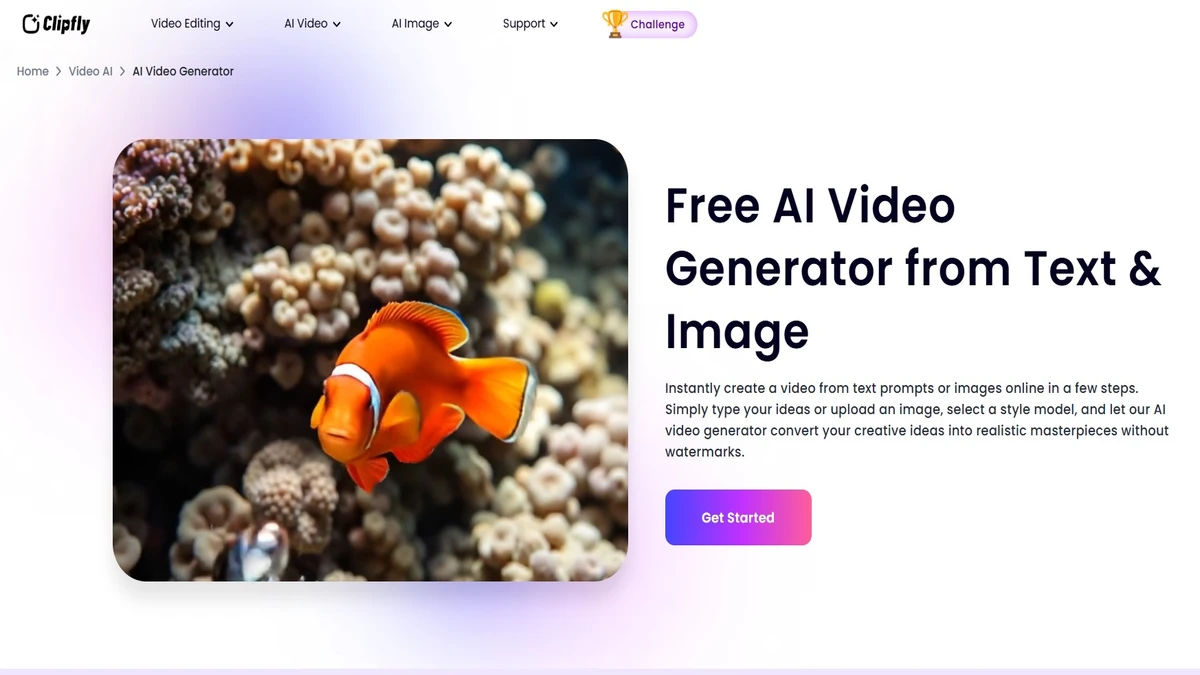 Video Generator page of clipfly ai