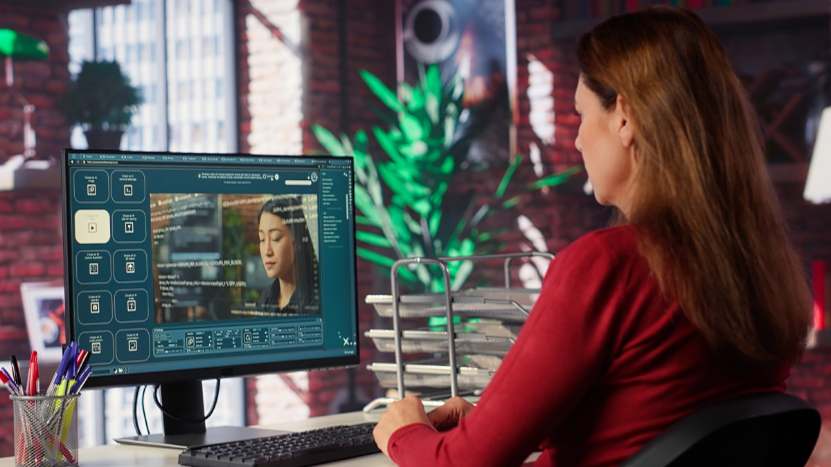 Woman works with genmo ai on a computer