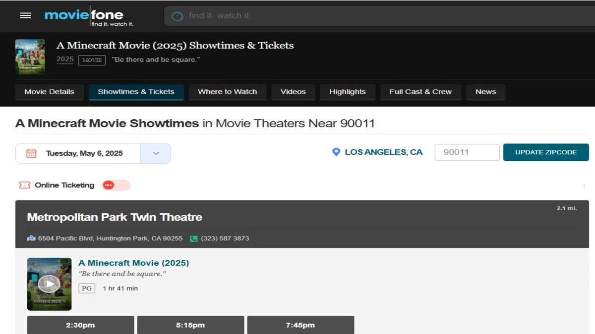 a minecraft movie showtimes on a website