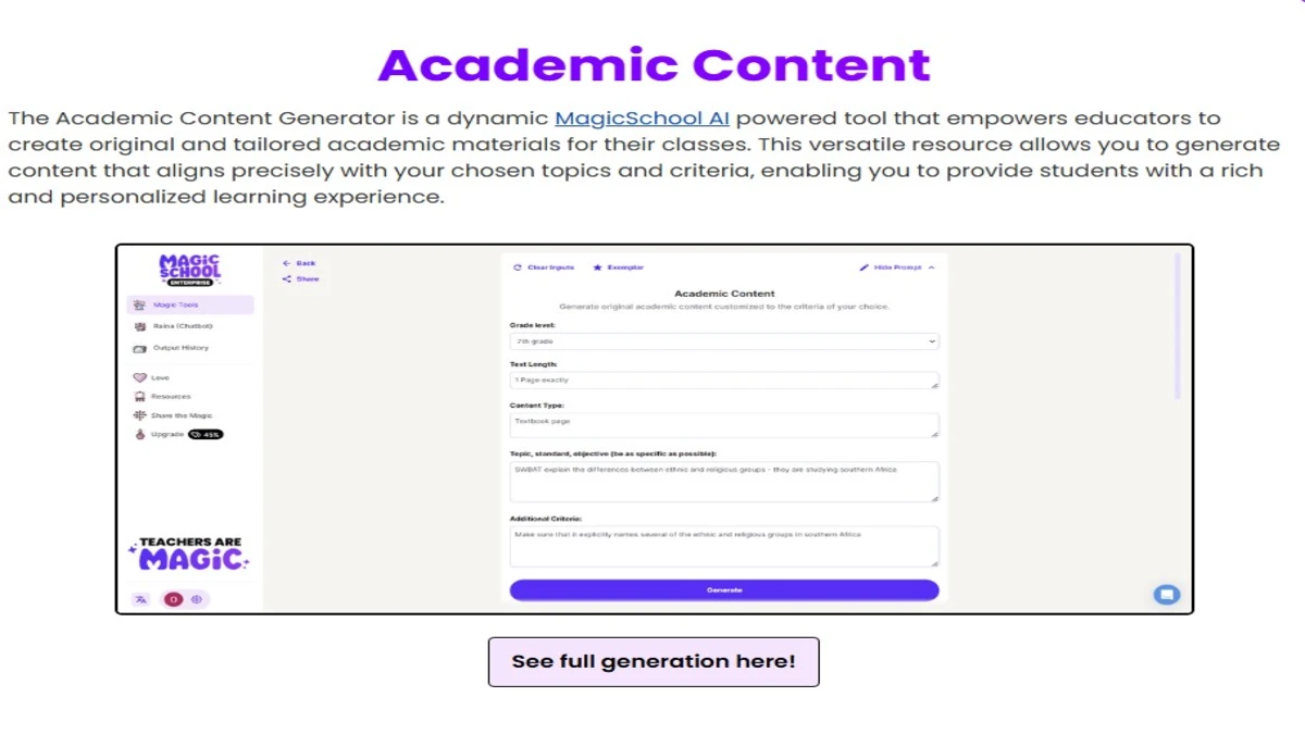 academic content generator feature on magic school ai