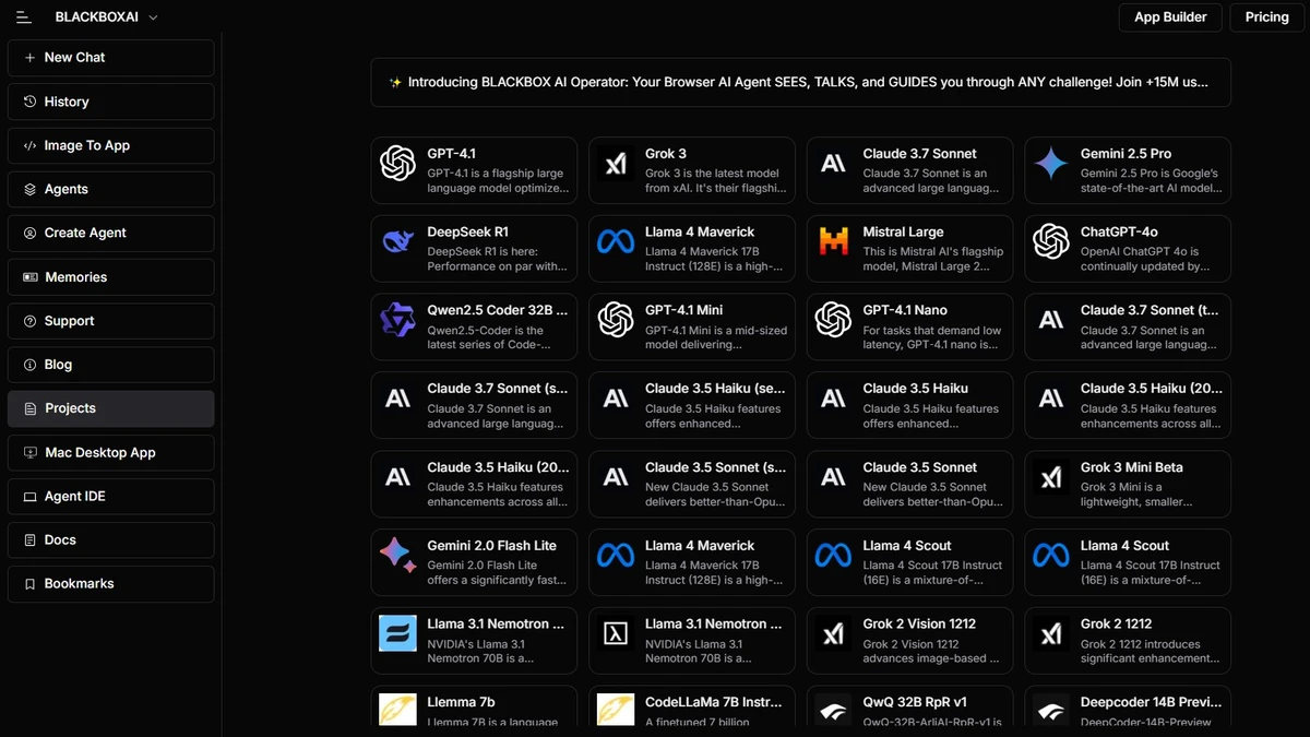 blackbox.ai menu with features list