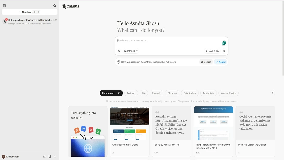 chat and homepage interface on manus ai