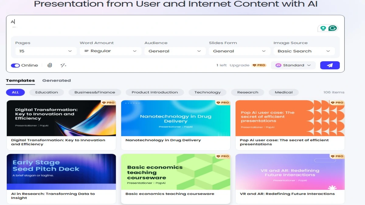 different templates for presentation on pop ai