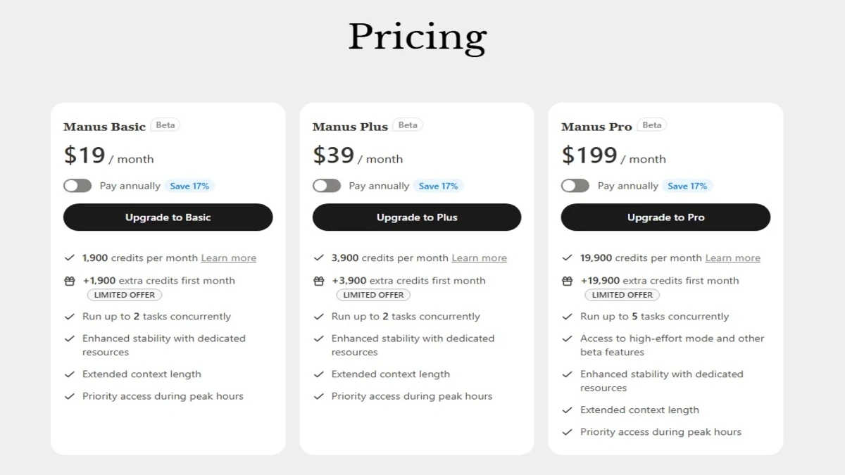 plans and pricing details for manus ai agent