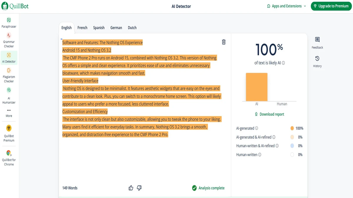 result generated by quillbot ai detector