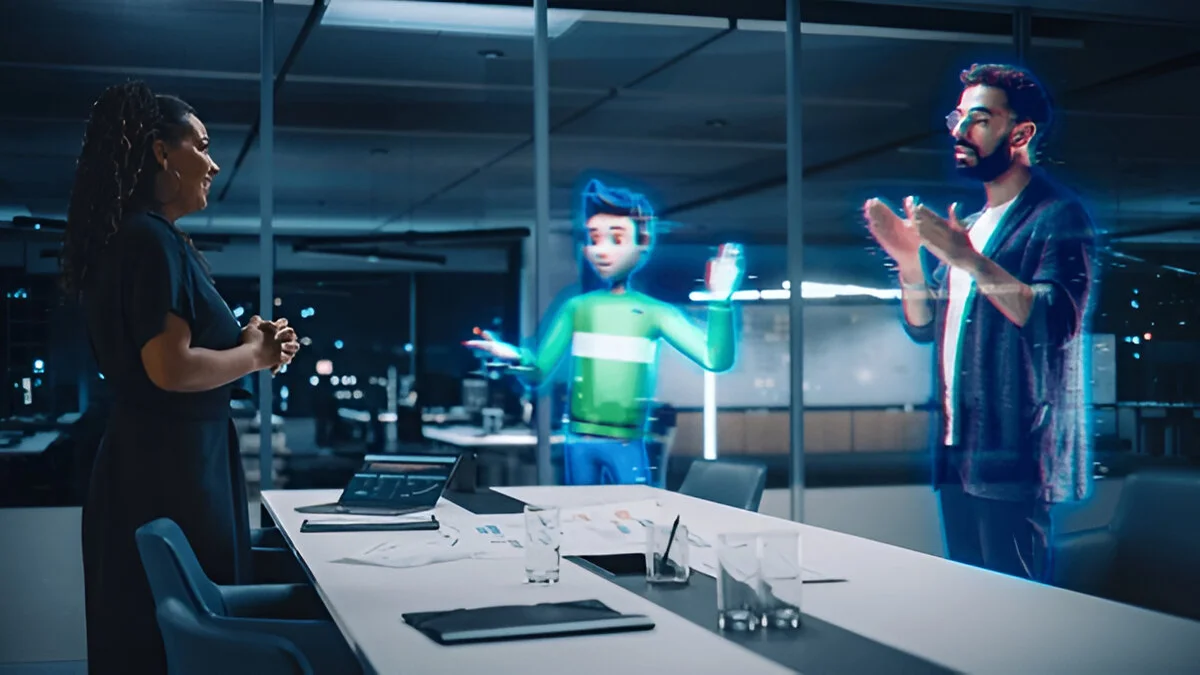 woman commanding ai avatars in a meeting