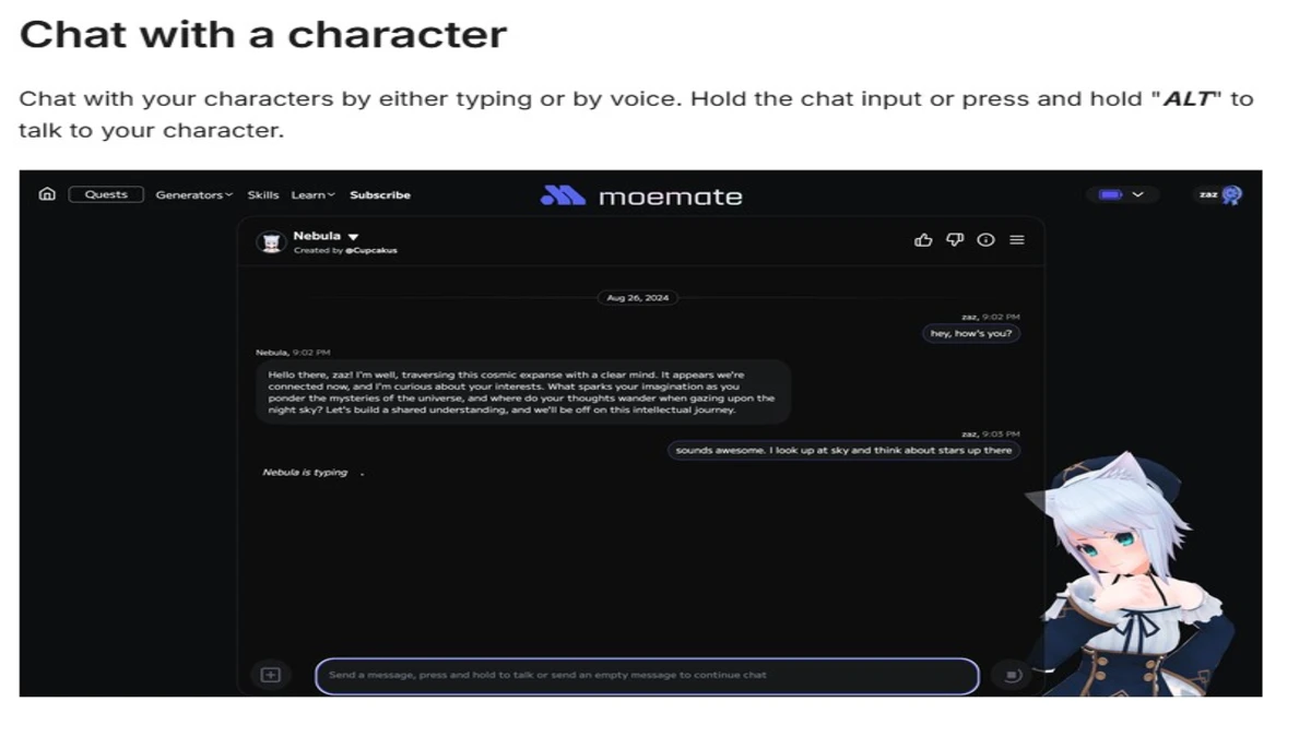 moemate ai chat with characters feature