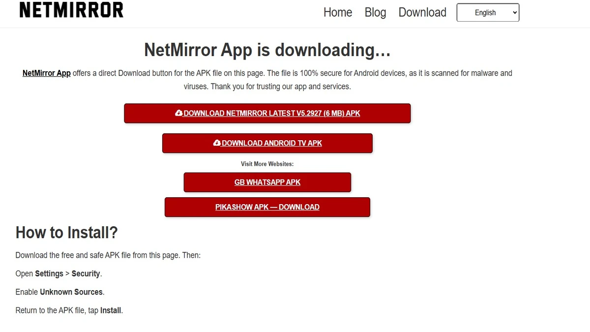 Installation of netmirror apk
