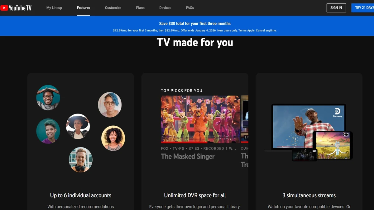 Features of YouTube TV cost