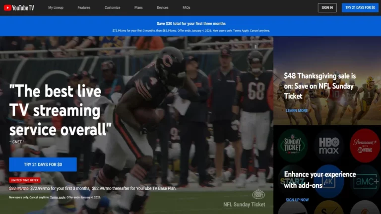 Homepage of YouTube TV cost